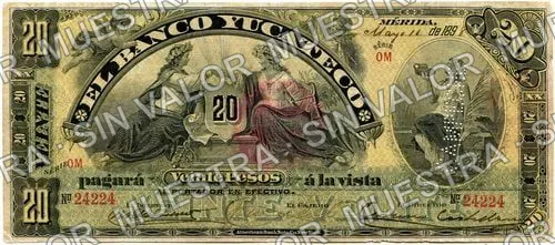 20 pesos, Banco Peninsular Mexicano (M556), M556b $20 needlepunched 'CAMPECHE', anverso