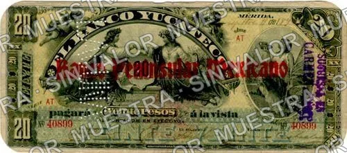 20 pesos, Banco Peninsular Mexicano (M556), M556d stamped 'SUCURSAL EN CARMEN CAMP' and needlepunched 'LAGUNA', anverso