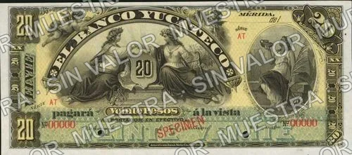 20 pesos, Banco Yucateco (M566), M566s $20 Banco Yucateco specimen, anverso
