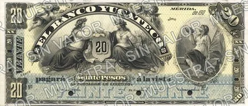 20 pesos, Banco Yucateco (M566), M566s $20 Banco Yucateco specimen, anverso