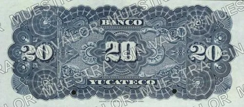 20 pesos, Banco Yucateco (M566), M566s $20 Banco Yucateco specimen, reverso