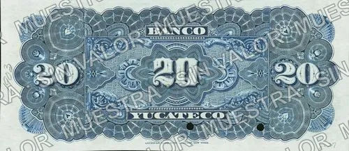 20 pesos, Banco Yucateco (M566), M566s $20 Banco Yucateco specimen, reverso