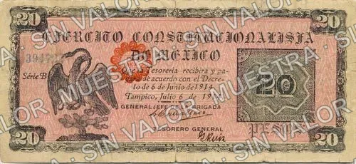 20 pesos, Brigada Caballero (M3897), anverso (M3897b $20 Brigada Caballero)
