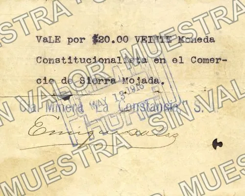 20 pesos, Cía. Minera "La Constancia" (M1113), anverso