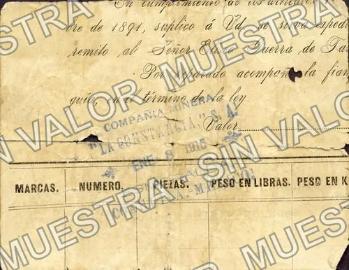 20 pesos, Cía. Minera "La Constancia" (M1113), reverso