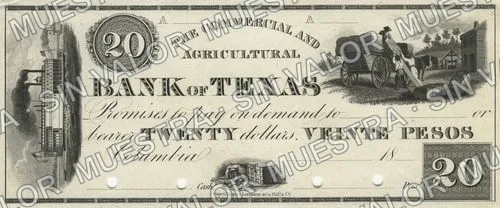20 pesos, Commercial & Agricultural Bank of Texas proof (M184), M184 $20 Commercial & Agricultural Bank of Texas proof, anverso