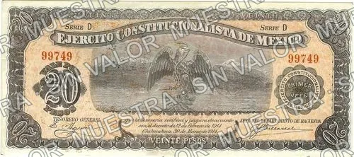 20 pesos, Ejército Constitucionalista (M936), M936a $20 Ejército Constitucionalista, anverso