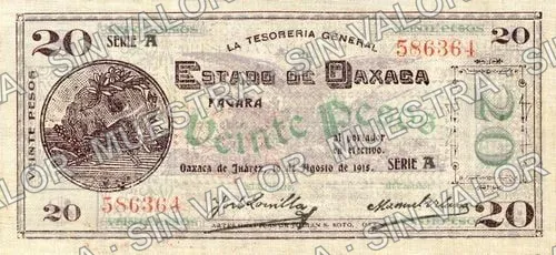 20 pesos, Estado de Oaxaca (M3375), anverso (M3375a $20 Estado de Oaxaca)