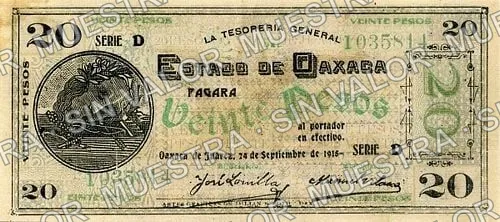20 pesos, Estado de Oaxaca (M3375), anverso (M3375b $20 Estado de Oaxaca)