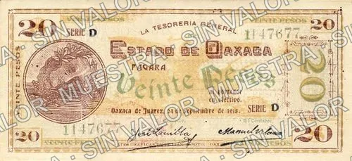 20 pesos, Estado de Oaxaca (M3375), anverso (M3375d $20 Estado de Oaxaca)