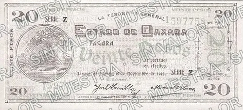 20 pesos, Estado de Oaxaca (M3375), anverso (M3375d $20 Estado de Oaxaca)