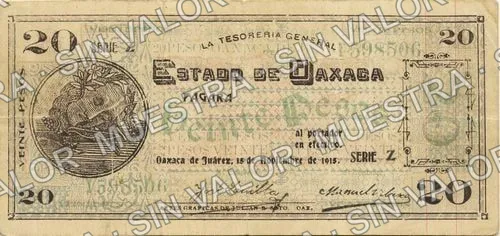 20 pesos, Estado de Oaxaca (M3375), anverso (M3375d $20 Estado de Oaxaca)