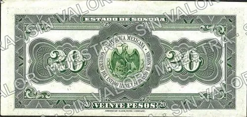 20 pesos, Estado de Sonora (M3824), M3824a $20 Estado de Sonora, reverso