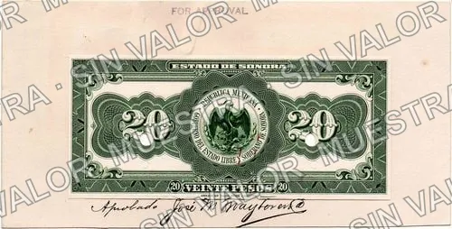 20 pesos, Estado de Sonora (M3824), anverso (M3824p $20 reverse proof approved by Maytorena)