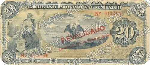 20 pesos, Gobierno Provisional de México 'REVALIDADO' (M1242), anverso (M1242c $20 Gobierno Provisional de México 'REVALIDADO')