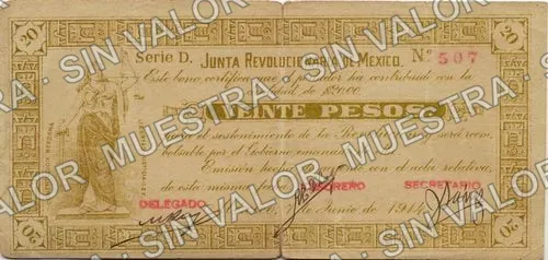 20 pesos, Junta Revolucionaria de México (M1278), anverso