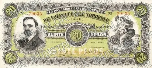 20 pesos, Pagaduría Gral. del Cuerpo de Ejército del Noroeste (M2271), M2271a $20 Pagaduría Gral. del Cuerpo de Ejército del Noroeste, anverso