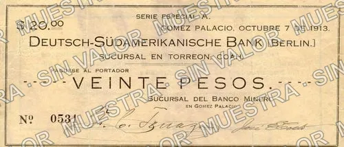 20 pesos, Sucursal del Banco Minero (M1460), anverso