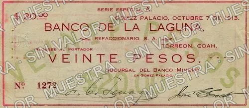 20 pesos, Sucursal del Banco Minero (M1465), anverso
