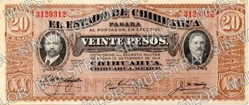 20 pesos, Unlisted $20 Estado de Chihuahua (M926), anverso (M926f $20 Estado de Chihuahua with transposed date)