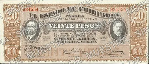 20 pesos, Unlisted $20 Estado de Chihuahua (M926), M926g $20 Estado de Chihuahua, anverso