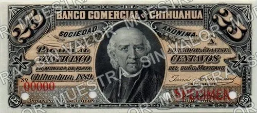 25 centavos, Banco Comercial de Chihuahua (M80), anverso (M80s 25c Banco Comercial de Chihuahua specimen)