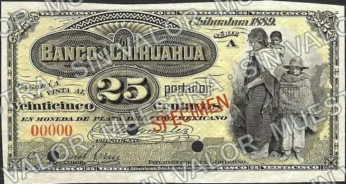 25 centavos, Banco de Chihuahua (M73), anverso (M73s 25c Banco de Chihuahua specimen)
