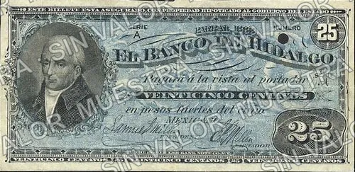 25 centavos, Banco de Hidalgo del Parral (M102), anverso (M102s 25c Banco de Hidalgo del Parral specimen)