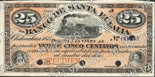 25 centavos, Banco de Santa Eulalia (M161), anverso (M161s 25c Banco de Santa Eulalia specimen)