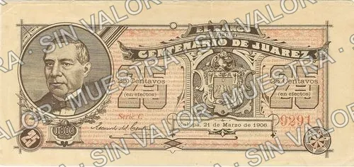 25 centavos, Banco del Centenario de Juárez (M770), anverso