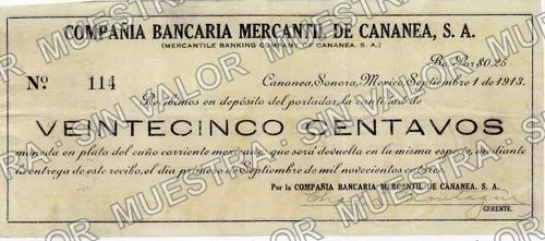 25 centavos, Compañía Bancaria Mercantil de Cananea VEINTECINCO CENTAVOS (M3835), M3835a 25c Compañía Bancaria Mercantil de Cananea VEINTECINCO CENTAVOS, anverso