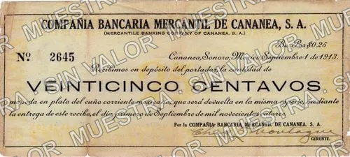 25 centavos, Compañía Bancaria Mercantil de Cananea VEINTECINCO CENTAVOS (M3835), M3835b 25c Compañía Bancaria Mercantil de Cananea VEINTICINCO CENTAVOS, anverso