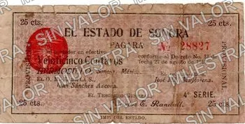 25 centavos, El Estado de Sonora - 1st Series Position A - Hand seal 5 - Small seal (M3813), anverso (M3813d 25c El Estado de Sonora -4th SeriesPosition A - Hand seal 4 - Large, broken 'C')