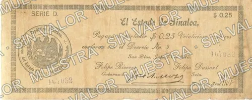25 centavos, Estado de Sinaloa (M3763), M3763 25c Estado de Sinaloa, anverso