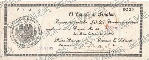 25 centavos, Estado de Sinaloa (M3775), M3775a 25c Estado de Sinaloa, anverso