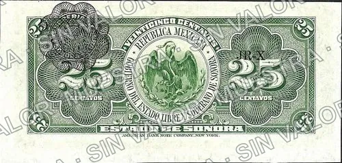 25 centavos, Estado de Sonora (M3819), M3819a 25c Estado de Sonora, reverso