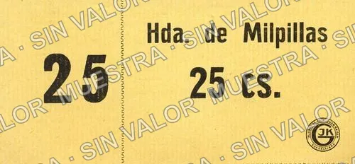 25 centavos, Hacienda de Milpillas Type 1: numeral on counterfoil 15mm high, '2' and '5' apart: denomination thick (M2405), M2405 25c Hacienda de Milpillas Type 1: numeral on counterfoil 15mm high, '2' and '5' apart: denomination thick, anverso