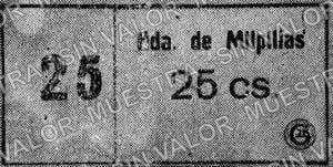 25 centavos, Hacienda de Milpillas Type 1: numeral on counterfoil 15mm high, '2' and '5' apart: denomination thick (M2405), M2405 25c Hacienda de Milpillas Type 1: numeral on counterfoil 15mm high, '2' and '5' apart: denomination thick, anverso