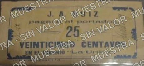25 centavos, La Unión images courtesy of Miguel Zea (M3889), M3889 25c La Unión(images courtesy of Miguel Zea, anverso