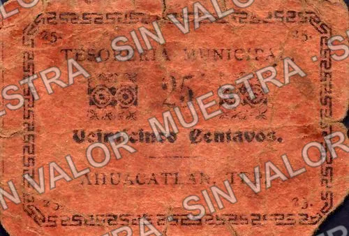25 centavos, Tesorería Municipal, Ahuacatlán (M3268), M3268b 25c Tesorería Municipal, Ahuacatlán, anverso