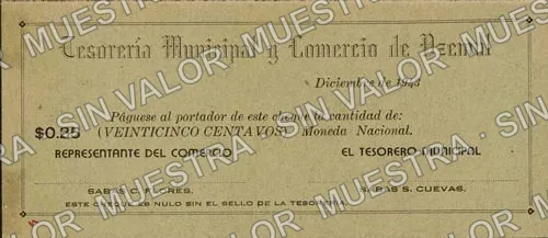 25 centavos, Tesorería Municipal y Comercio de Dzemul (M4491), M4491 25c Tesorería Municipal y Comercio de Dzemul, anverso
