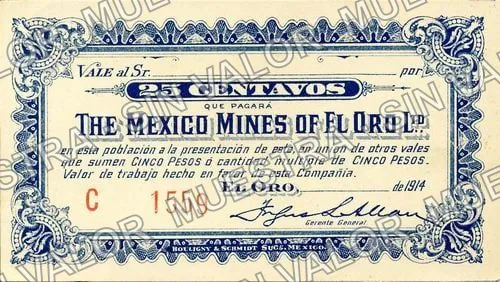 25 centavos, The Mexican Mines of El Oro Ltd (M2823), M2823 25c The Mexican Mines of El Oro Ltd., anverso