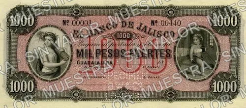 .3 $1 Banco de Jalisco pattern (M384), M384 $1,000 Banco de Jalisco specimen, anverso