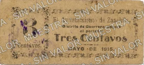 3 centavos, Ayuntamiento de Zaachila (M3387), anverso
