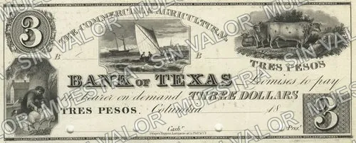 3 pesos, Commercial & Agricultural Bank of Texas proof (M181), M181 $3 Commercial & Agricultural Bank of Texas proof, anverso