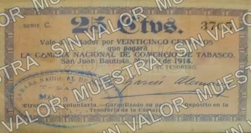 .5 25c Cámara Nacional de Comercio images courtesy of Miguel Zea (M3887), M3887 20c Cámara Nacional de Comercio (with Ejército Constitucionalista overprint, anverso