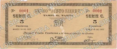 5 centavos, Banco "Justo Sierra" (M4478), M4478 5c Banco "Justo Sierra", anverso