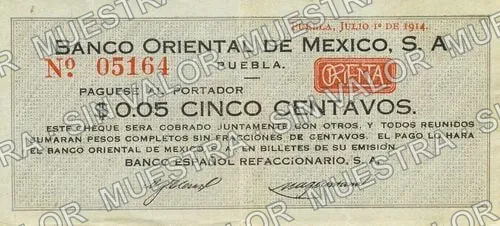 5 centavos, Banco Oriental de México (M3585), M3585 5c Banco Oriental de México, anverso