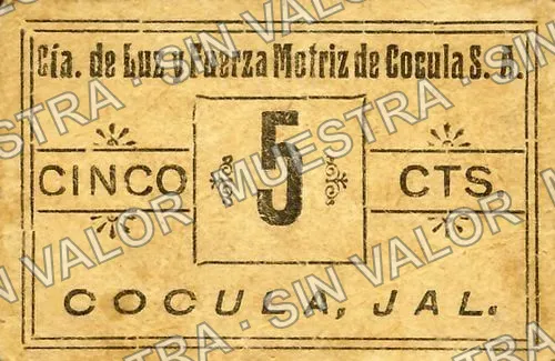 5 centavos, Cía. de Luz y Fuerza Motriz de Cocula (M2441), M2441 5c Cía. de Luz y Fuerza Motriz de Cocula, anverso