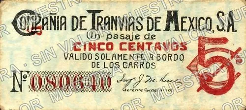 5 centavos, Compañía de Tranvías de México (M1336), M1336 5c Compañía de Tranvías de México, anverso